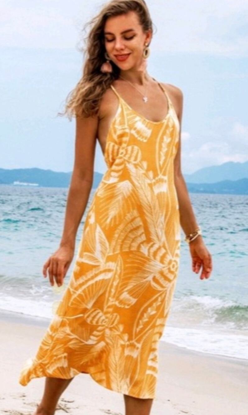 Cupshe floral crisscross midi dress tropical leaf print spaghetti straps,size XL